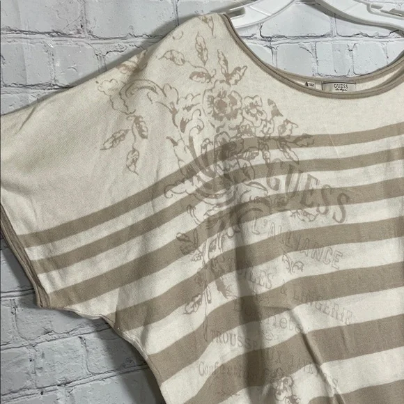 Guess Cream & Light Tan Striped  Dolman Style Short Sleeve Boatneck Tee - Picture 3 of 8